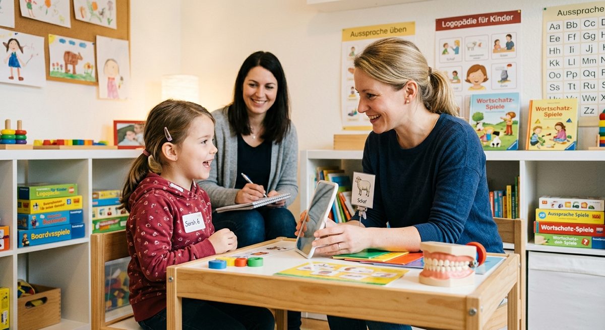 Eltern nehmen an der Logopädie-Therapiestunde ihres Kindes teil